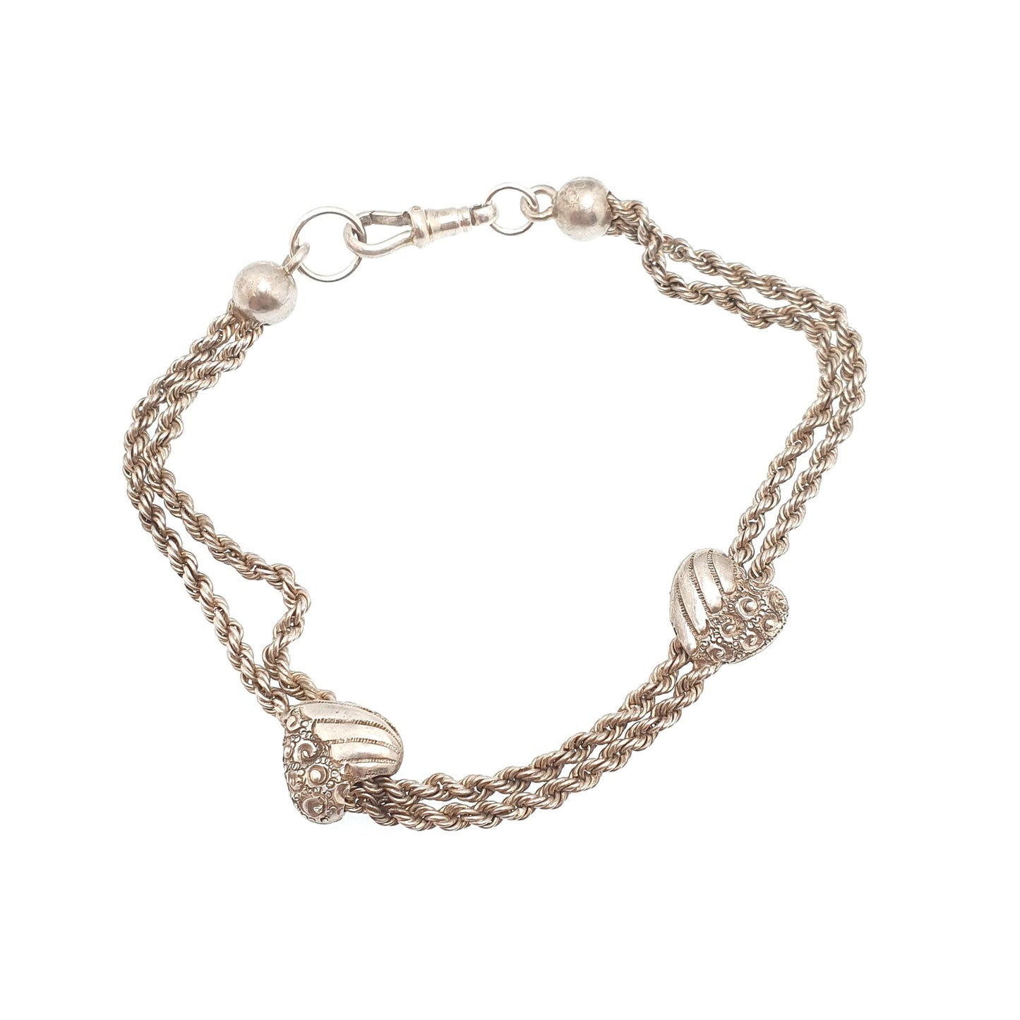 Antique Solid Silver Albertina Bracelet Victorian Heart Centre Rope Link Chain 9.58g 20cm Vintage Womens Jewelry Jewellery