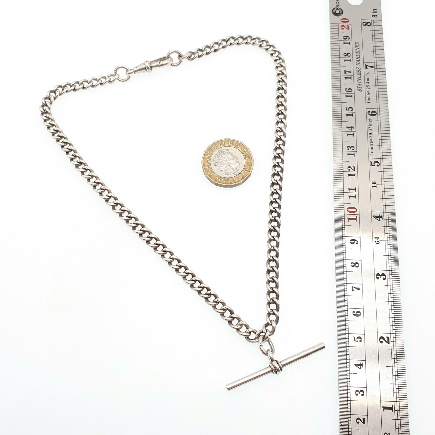 Antique Victorian Sterling Silver Albert Chain T Bar Necklace Curb Link Dog Clip 40cm 15.7" 31.80g Hallmark Vintage Jewelry Womens