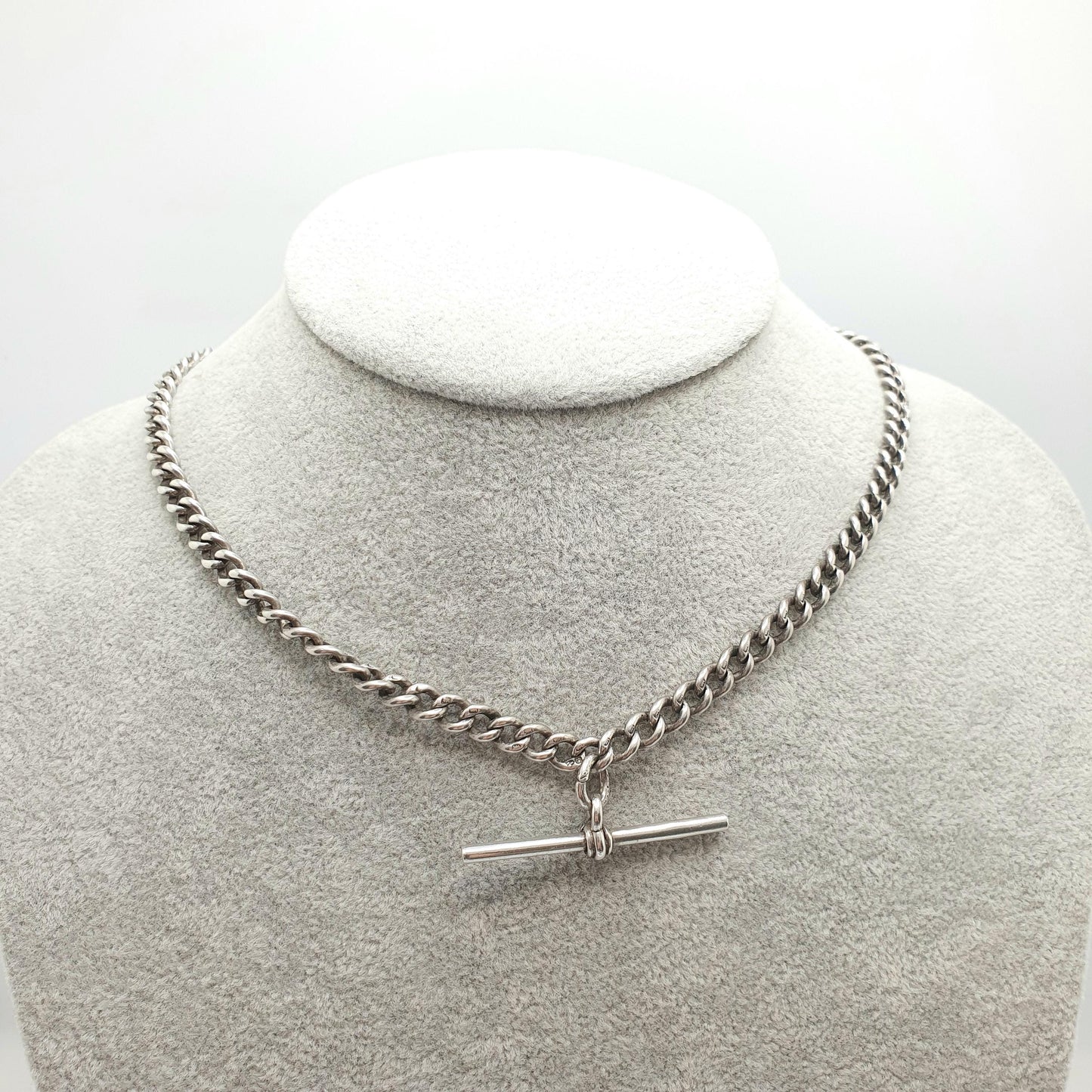 Antique Victorian Sterling Silver Albert Chain T Bar Necklace Curb Link Dog Clip 40cm 15.7" 31.80g Hallmark Vintage Jewelry Womens