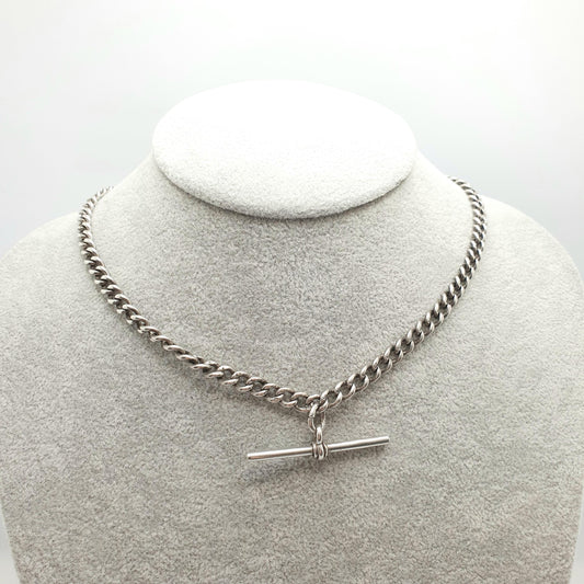Antique Victorian Sterling Silver Albert Chain T Bar Necklace Curb Link Dog Clip 40cm 15.7" 31.80g Hallmark Vintage Jewelry Womens