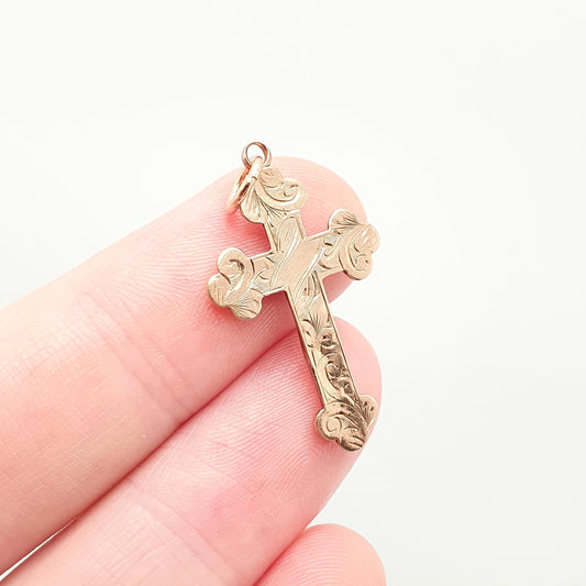 Antique 9ct 9k Rose Gold Crucifix Necklace Cross Pendant Hallmark Engraved Bulbed Victorian Solid 9kt Vintage Womens Mens Jewellery Jewelry
