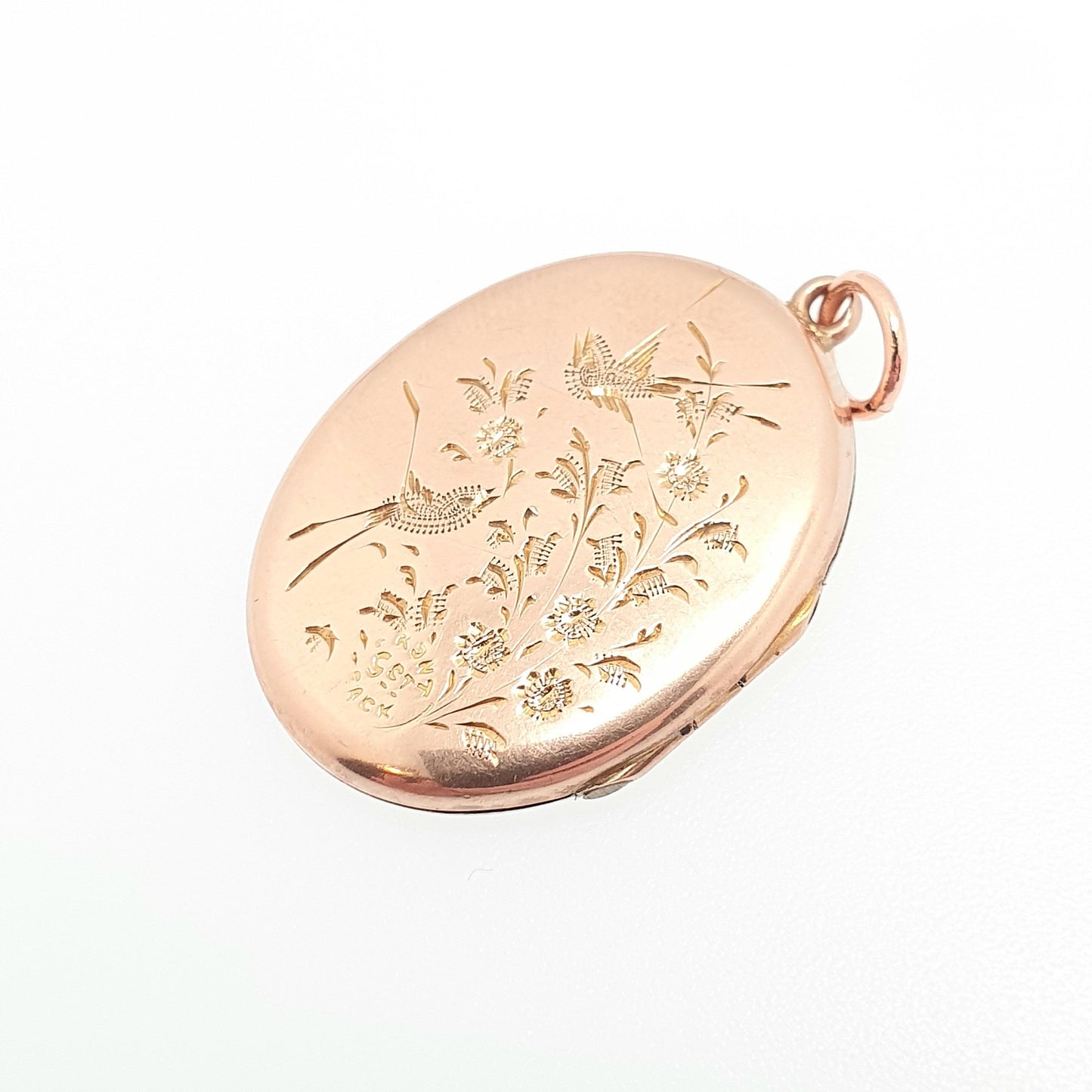 Antique 9ct Rose Gold Bird Locket Solid 9k 375 Oval Bow Engraved Pendant Fine Estate Love Gift Back Front Necklace Jewelry Womens Jewellery