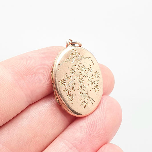 Antique 9ct Rose Gold Bird Locket Solid 9k 375 Oval Bow Engraved Pendant Fine Estate Love Gift Back Front Necklace Jewelry Womens Jewellery