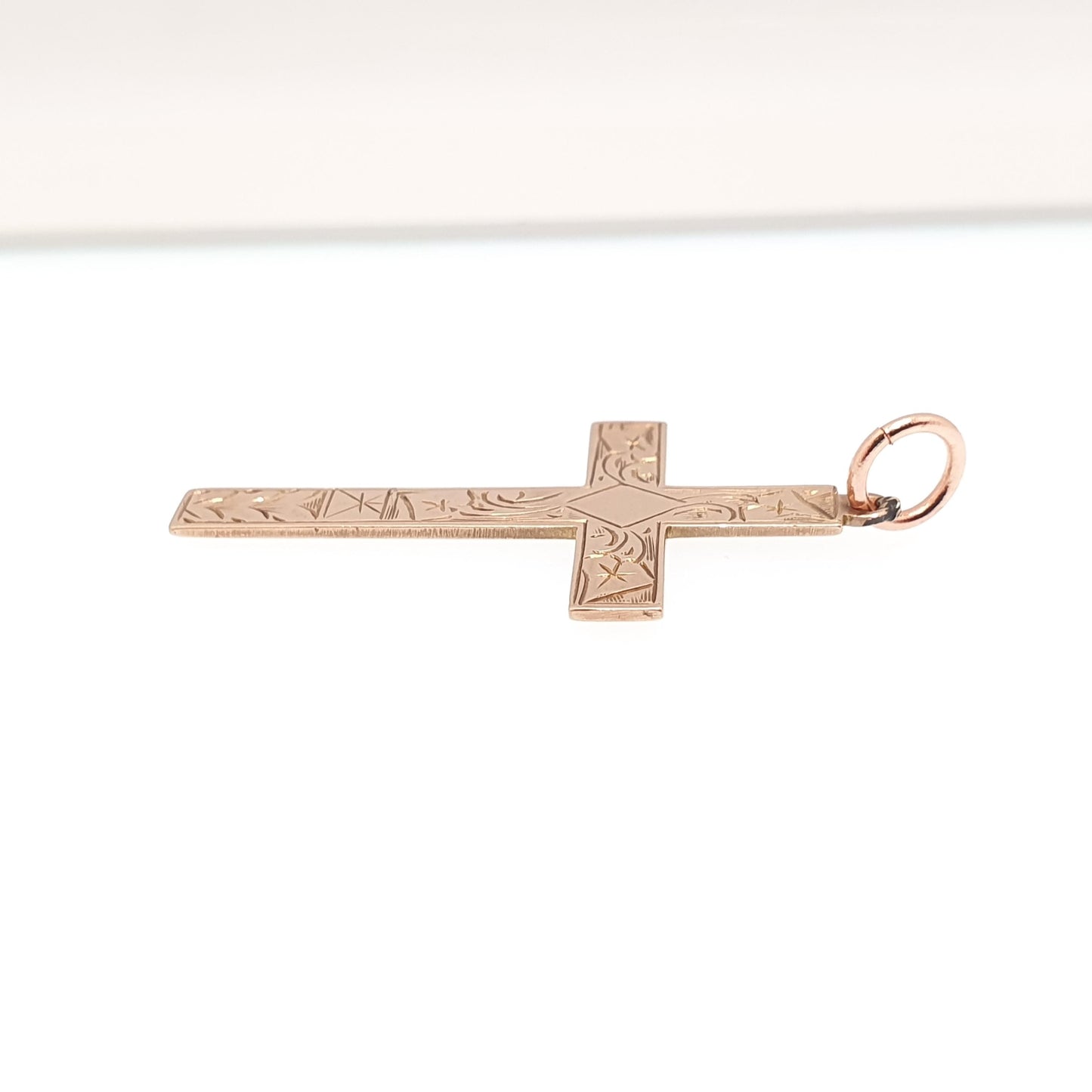 Antique 9ct 9k Rose Gold Crucifix Necklace Cross Pendant Engraved Solid 375 9kt Vintage Womens Mens Jewellery Jewelry