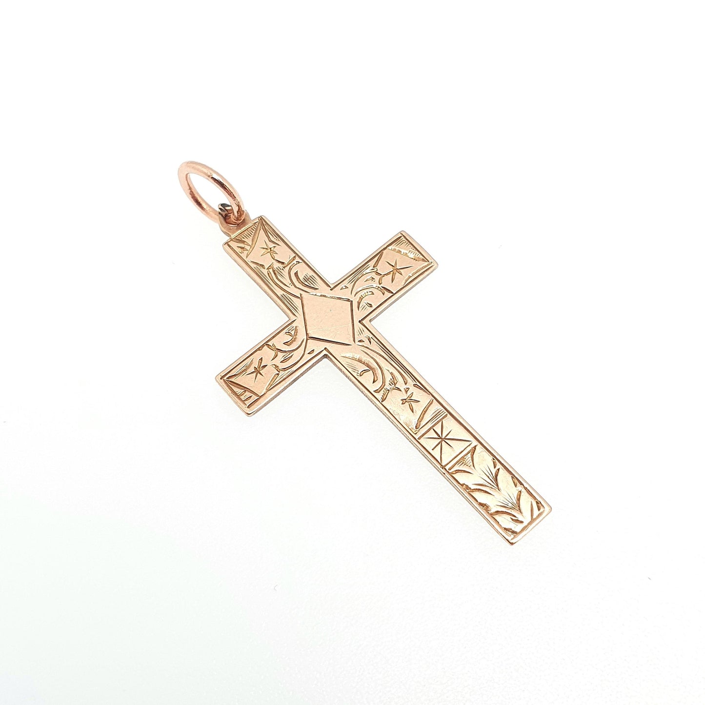 Antique 9ct 9k Rose Gold Crucifix Necklace Cross Pendant Engraved Solid 375 9kt Vintage Womens Mens Jewellery Jewelry