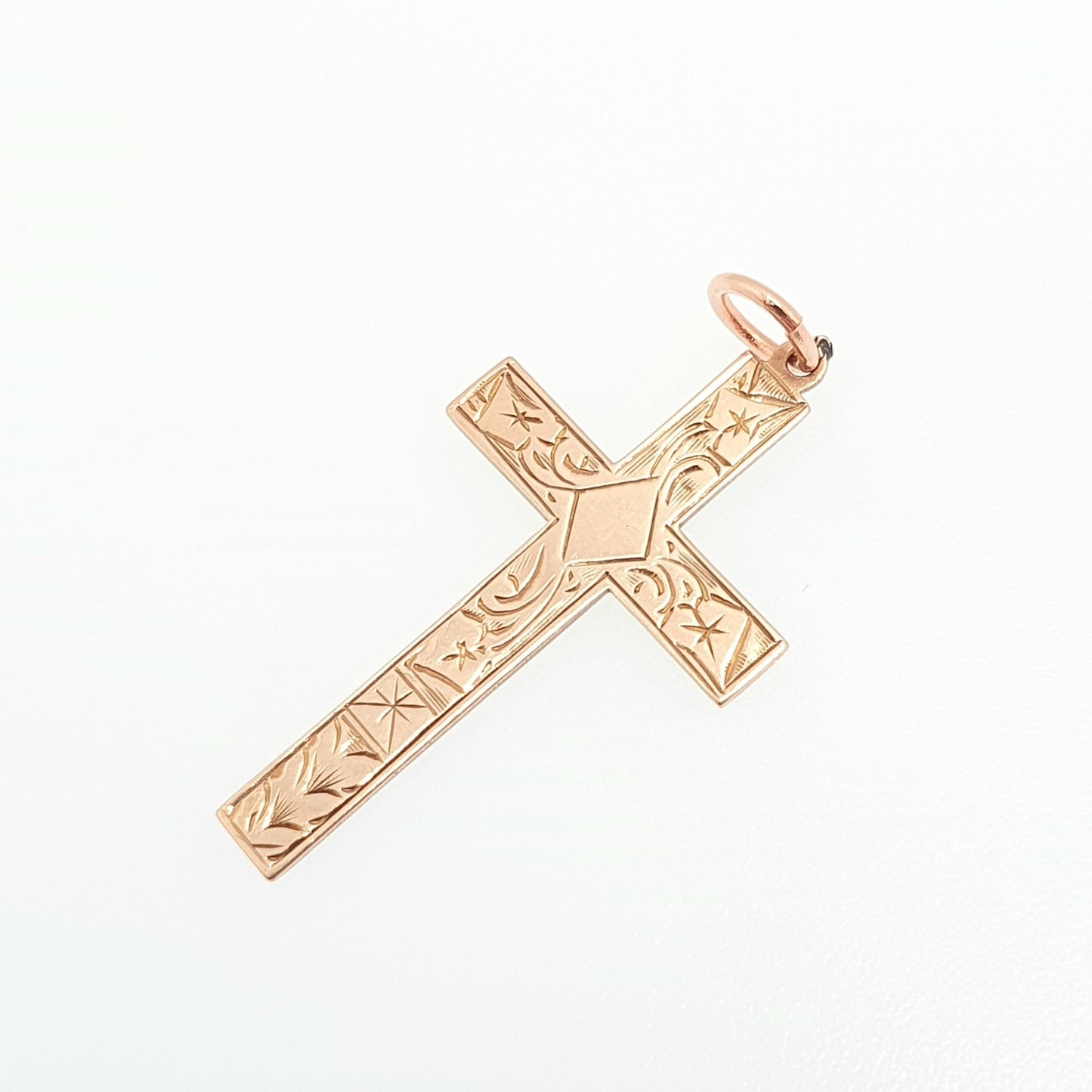 Antique 9ct 9k Rose Gold Crucifix Necklace Cross Pendant Engraved Solid 375 9kt Vintage Womens Mens Jewellery Jewelry