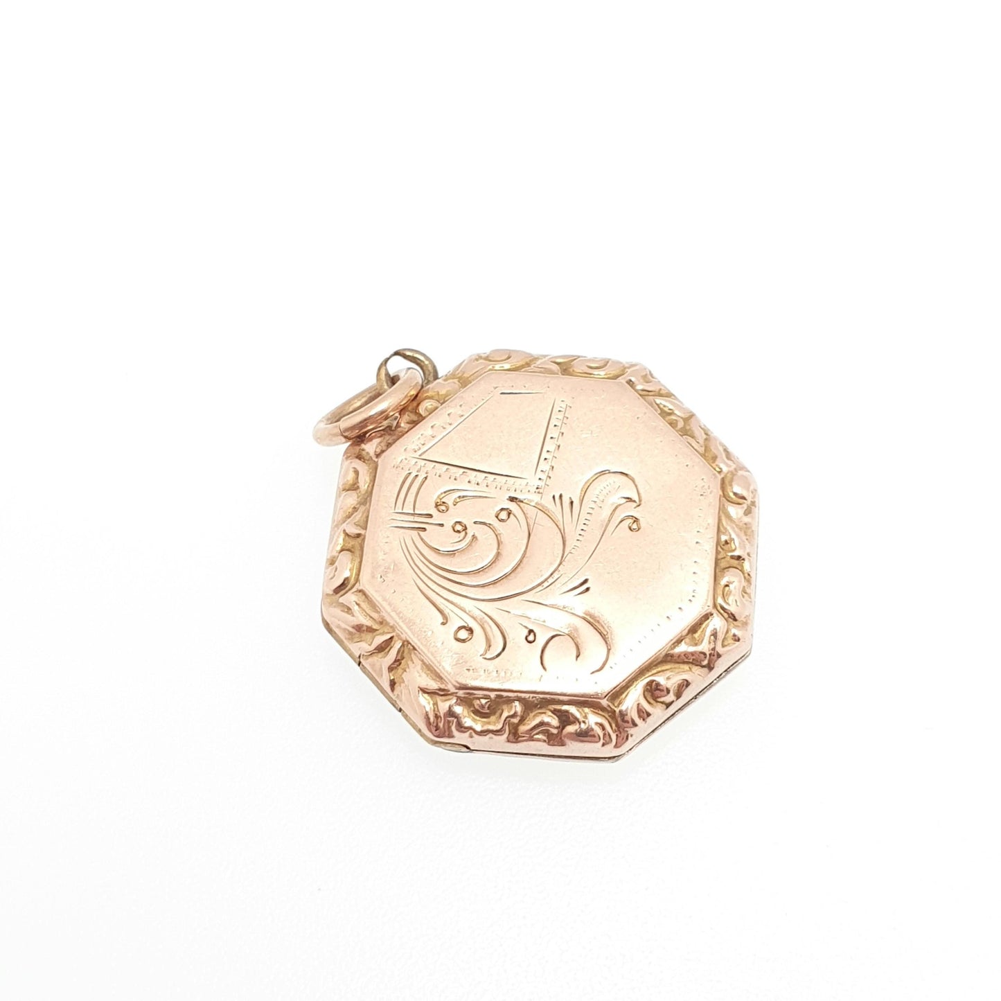 Antique 9ct 9k Gold Octagonal Locket Pendant Rose Gold Engraved Solid 375 9kt Back & Front Picture Photo Vintage Necklace