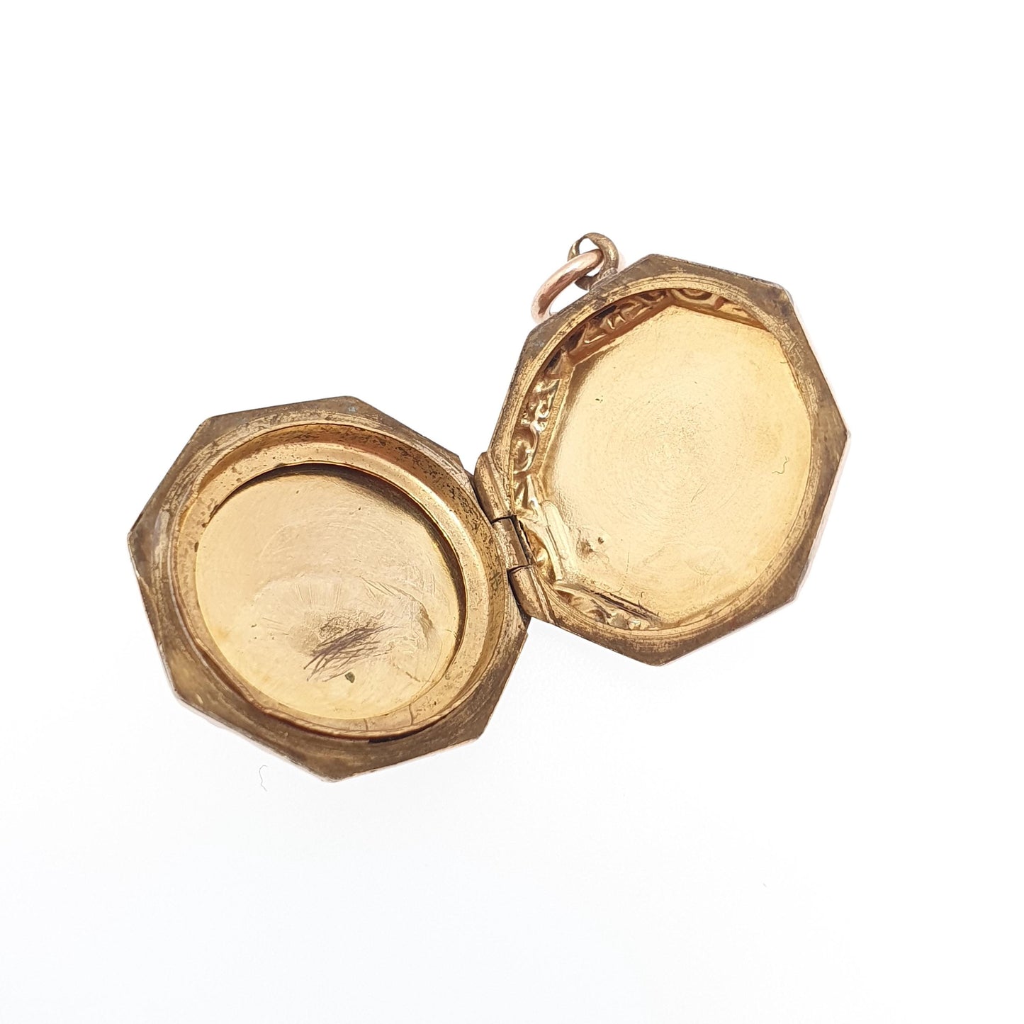 Antique 9ct 9k Gold Octagonal Locket Pendant Rose Gold Engraved Solid 375 9kt Back & Front Picture Photo Vintage Necklace