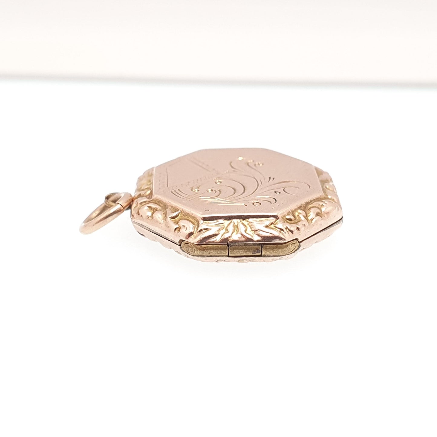 Antique 9ct 9k Gold Octagonal Locket Pendant Rose Gold Engraved Solid 375 9kt Back & Front Picture Photo Vintage Necklace