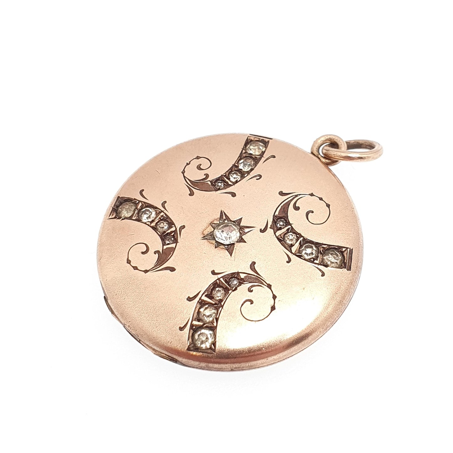 Antique Rolled Gold Filled Diamond Paste Locket Scroll Sparkly Round Circle Photo Womens Vintage Jewelry Jewellery
