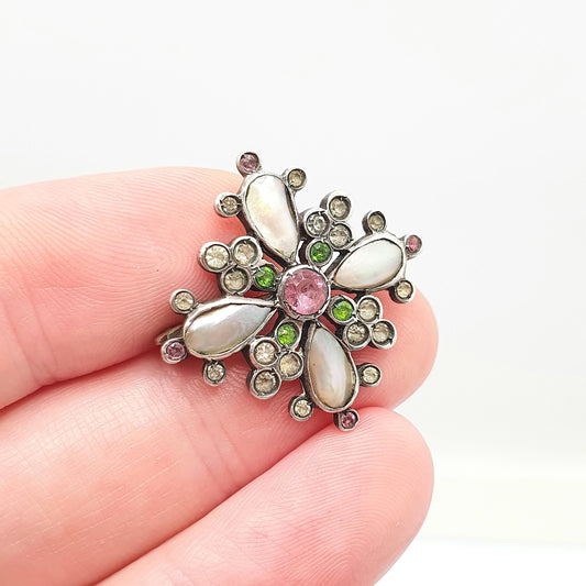 Antique Victorian Solid Silver Paste Brooch Pink Diamond Emerald Pastes Cruciform Mother of Pearl Cross Vintage Womens Jewelry Jewellery