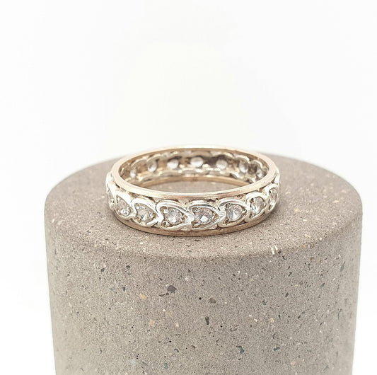 Antique Solid 9ct Gold Full Eternity Ring Heart Border White Spinel 9k 375 Band Sparkly Diamond Style Stacker Stacking Jewelry Jewellery