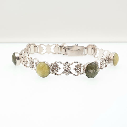 Antique Sterling Silver Connemara Marble Bracelet Celtic Irish Gaelic Flower Art Nouveau Style Solid 925 Womens Jewelry Jewellery
