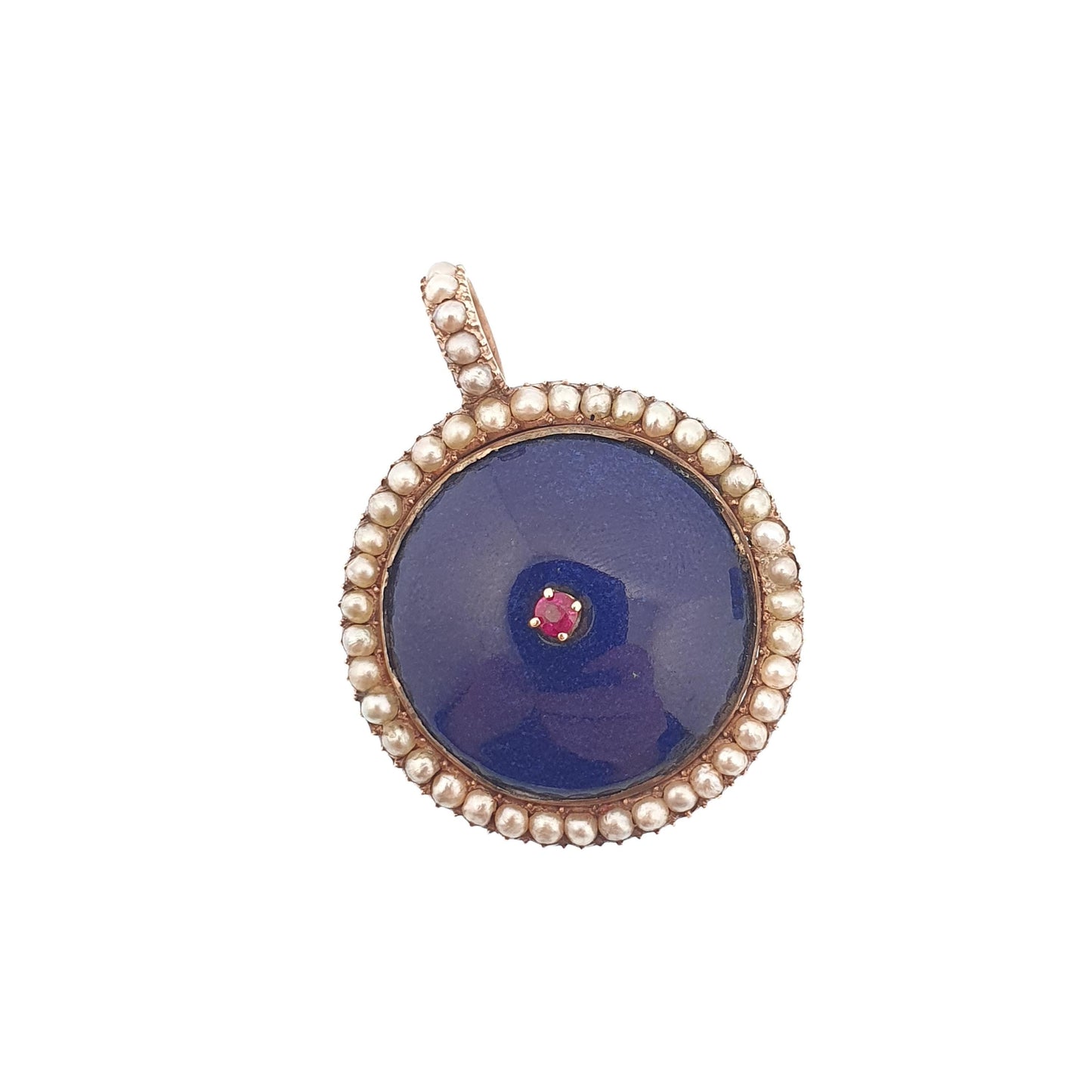 Antique 14k 14kt Gold Ruby Locket Seed Pearl Blue Enamel Victorian Solid Rose Gold 585 Round Circle Vintage Jewelry Jewellery