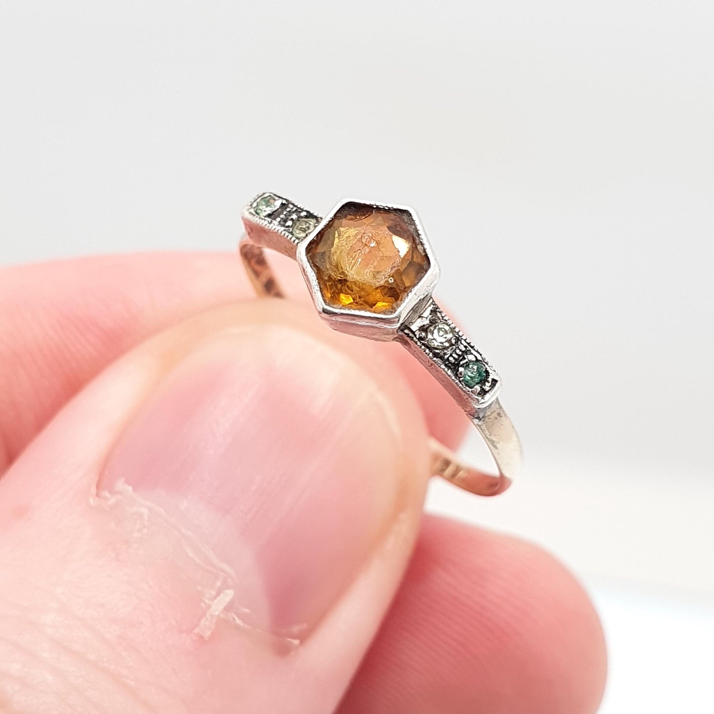 Antique 9ct Gold Citrine Paste Ring Diamond Pastes Solid Silver 9k 375 Art Deco Orange Glass 1920s Vintage Cocktail