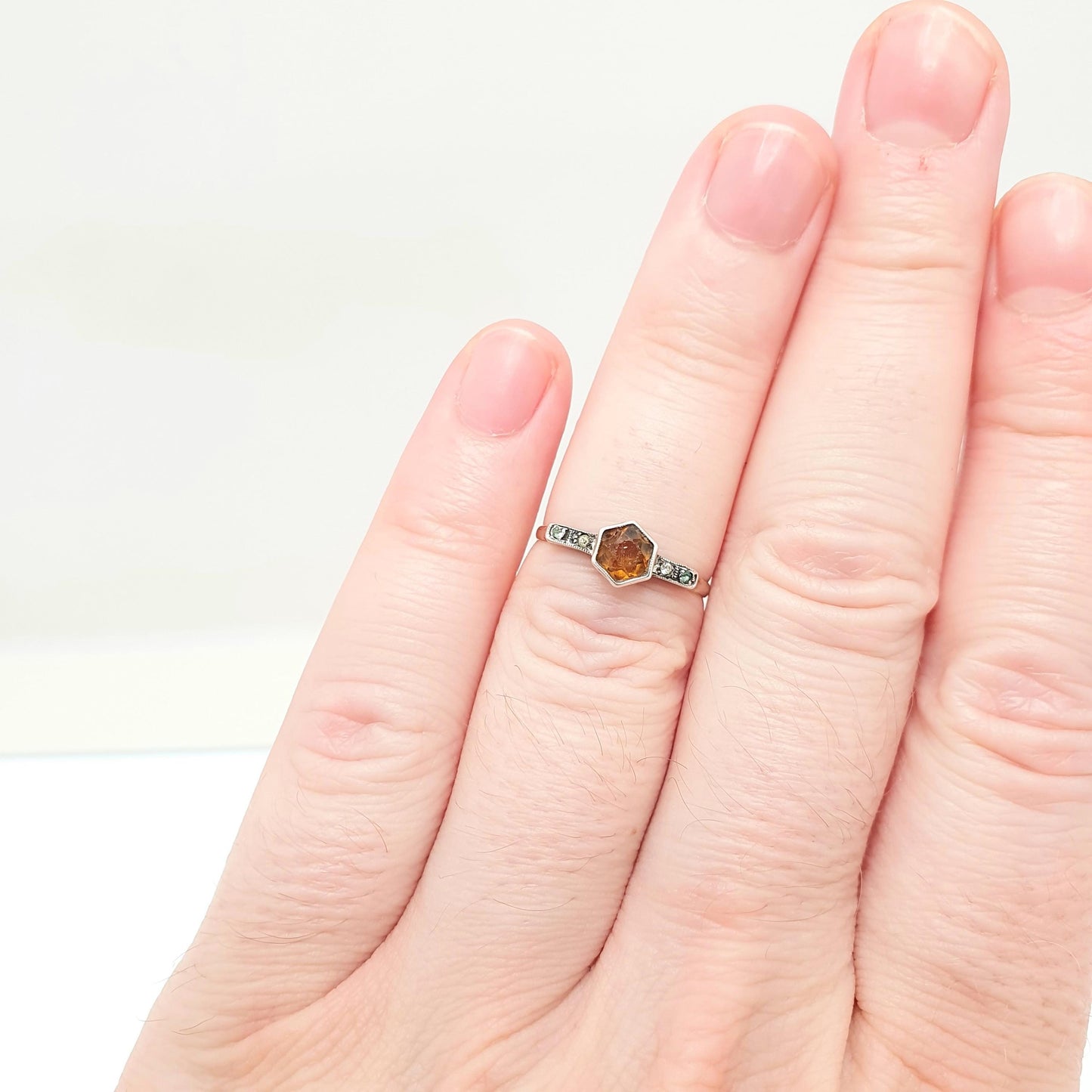 Antique 9ct Gold Citrine Paste Ring Diamond Pastes Solid Silver 9k 375 Art Deco Orange Glass 1920s Vintage Cocktail