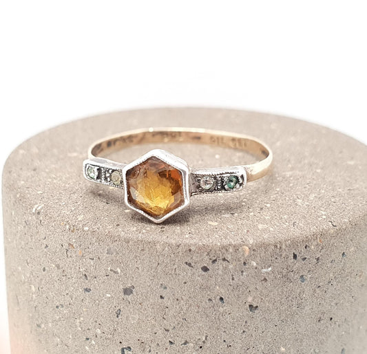 Antique 9ct Gold Citrine Paste Ring Diamond Pastes Solid Silver 9k 375 Art Deco Orange Glass 1920s Vintage Cocktail