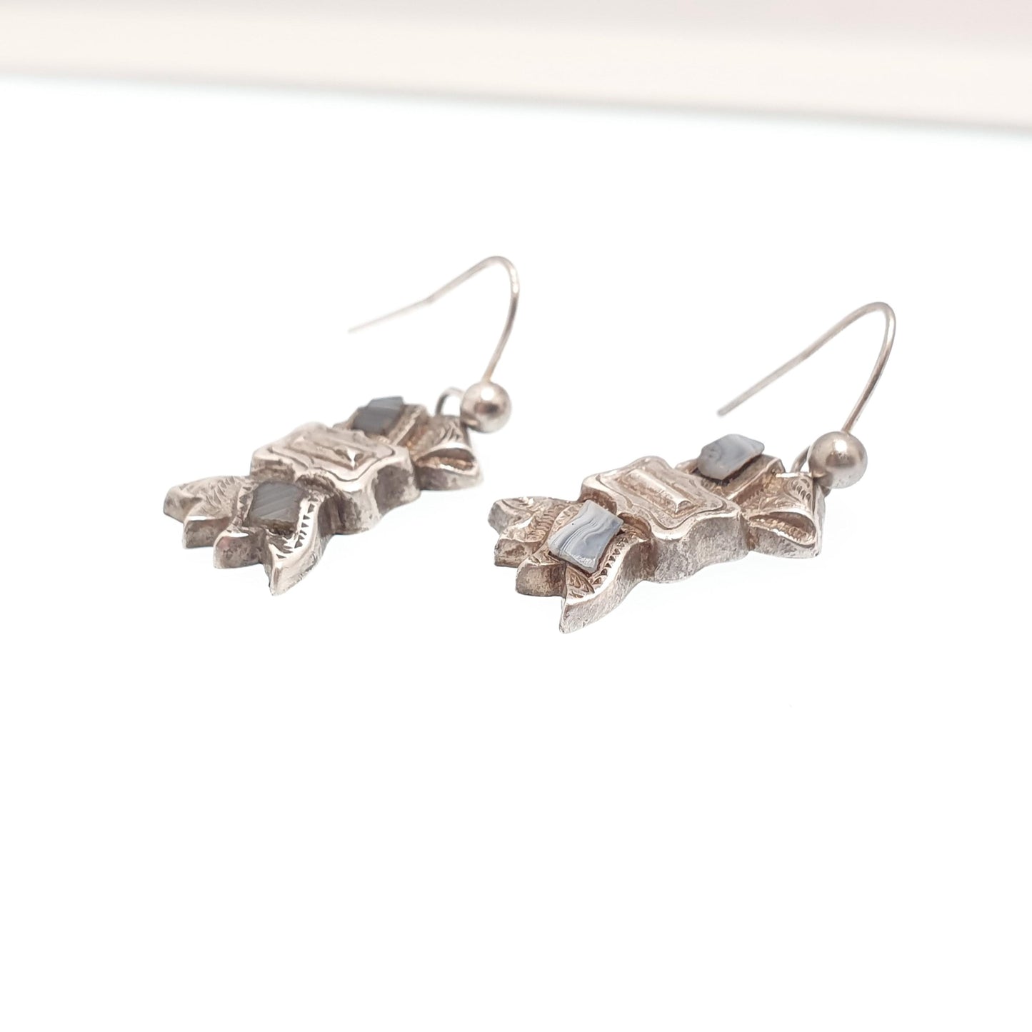 Antique Montrose Lace Agate Solid Silver Earrings Scottish Buckle Hook Dangle Drop Fine Vintage Jewelry Jewellery