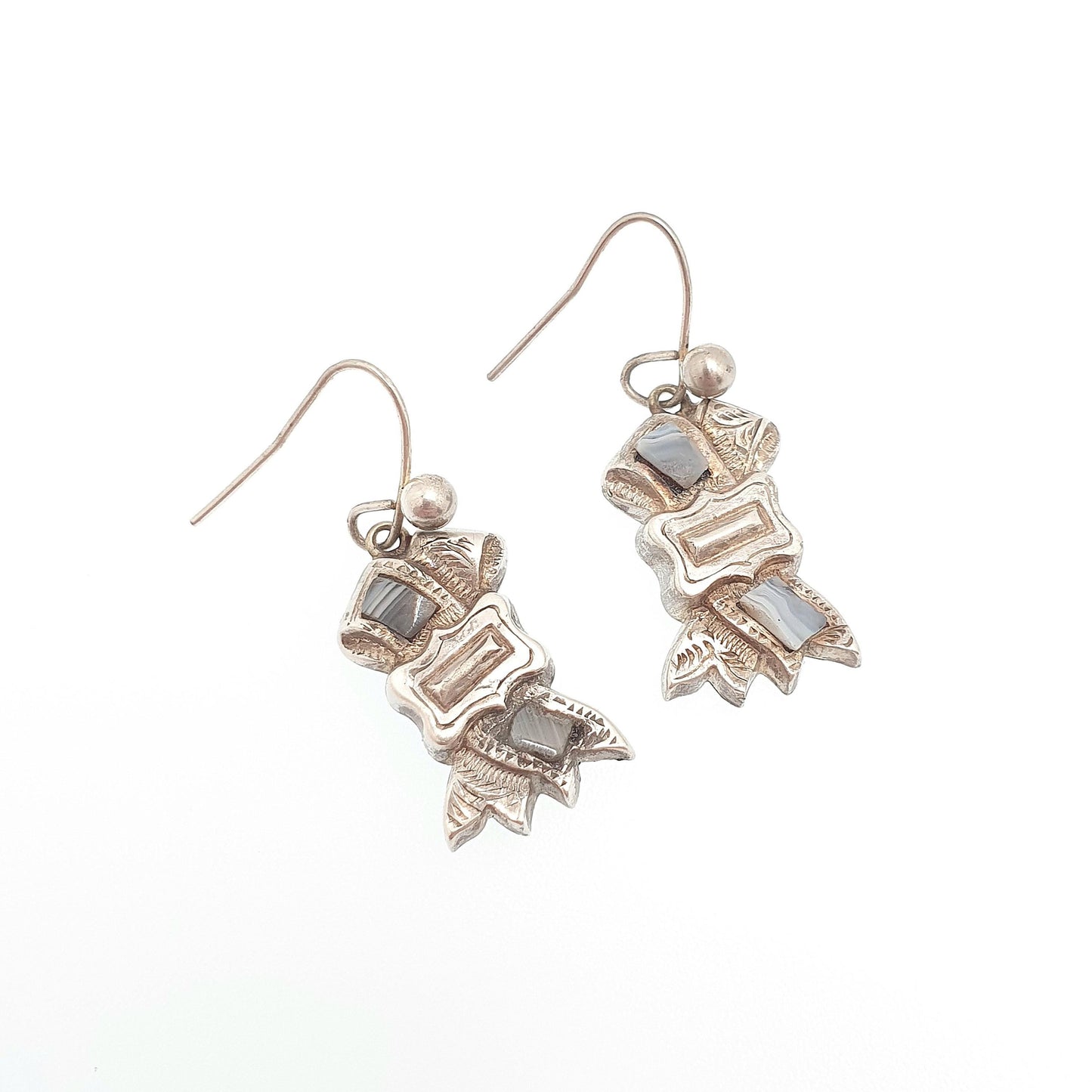 Antique Montrose Lace Agate Solid Silver Earrings Scottish Buckle Hook Dangle Drop Fine Vintage Jewelry Jewellery