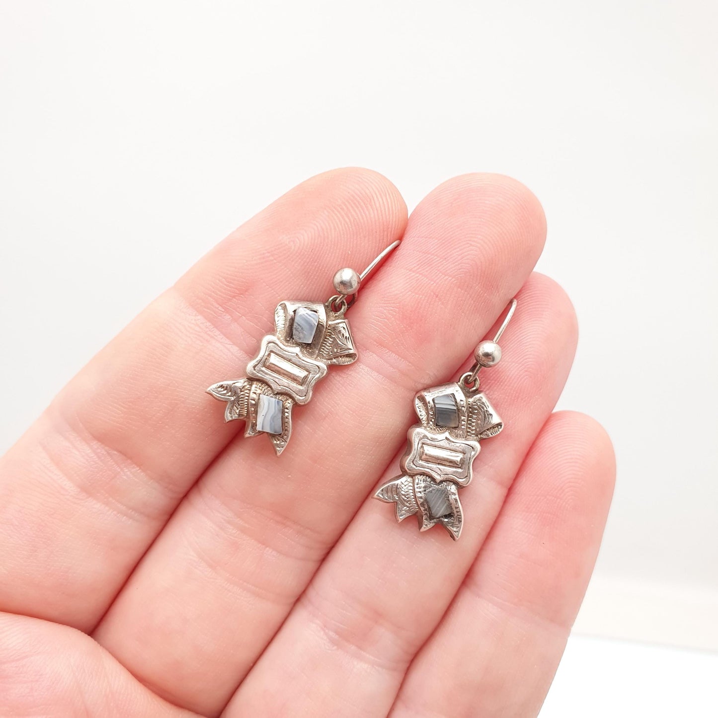Antique Montrose Lace Agate Solid Silver Earrings Scottish Buckle Hook Dangle Drop Fine Vintage Jewelry Jewellery