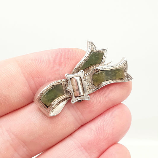 Antique Victorian Irish Connemara Marble Sterling Silver Buckle Brooch Pin Green Marble Ireland Celtic Gaelic Jewelry Jewellery Vintage