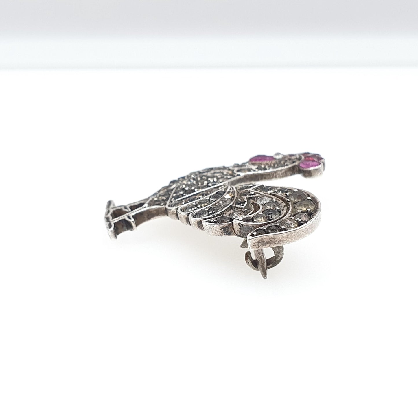 Antique Sterling Silver Rooster Cockerel Bird Brooch Ruby Paste Diamond Pastes Victorian Chicken