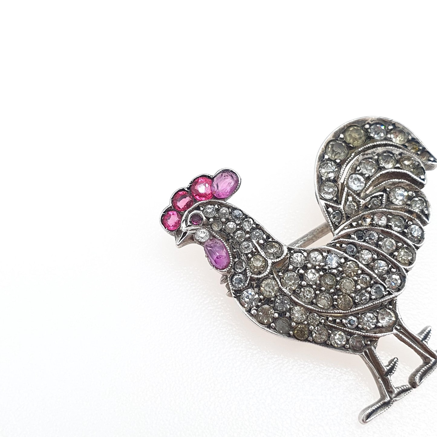 Antique Sterling Silver Rooster Cockerel Bird Brooch Ruby Paste Diamond Pastes Victorian Chicken