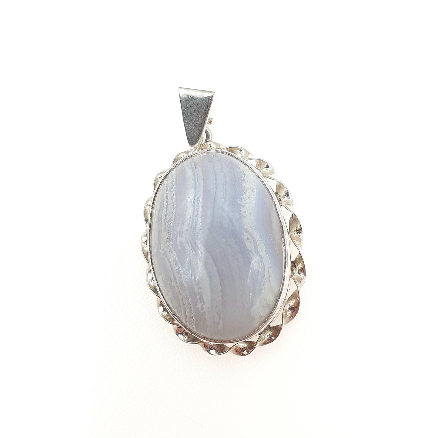 Vintage Solid Silver Montrose Lace Agate Necklace Pendant Chunky Retro Blue Handmade Womens Jewelry