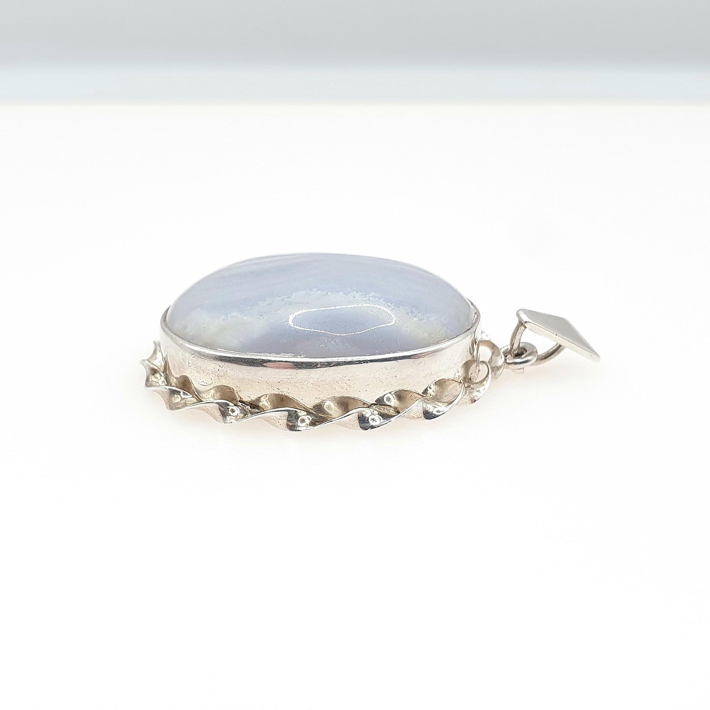 Vintage Solid Silver Montrose Lace Agate Necklace Pendant Chunky Retro Blue Handmade Womens Jewelry