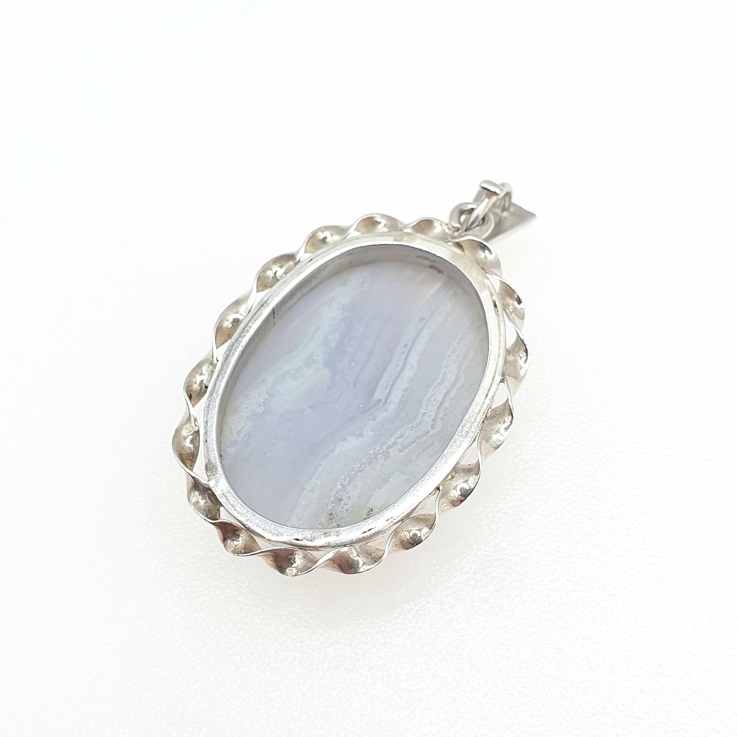 Vintage Solid Silver Montrose Lace Agate Necklace Pendant Chunky Retro Blue Handmade Womens Jewelry