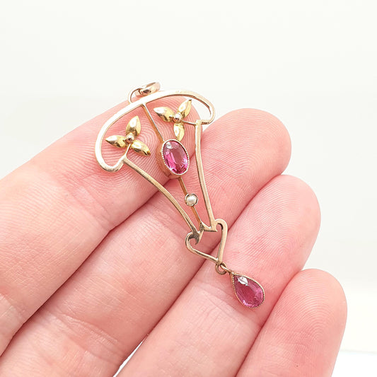 Antique 9ct Gold Pink Tourmaline Necklace Pendant Solid 9kt 9k Openwork Art Nouveau Edwardian Lavaliere Vintage Womens Jewelry Jewellery