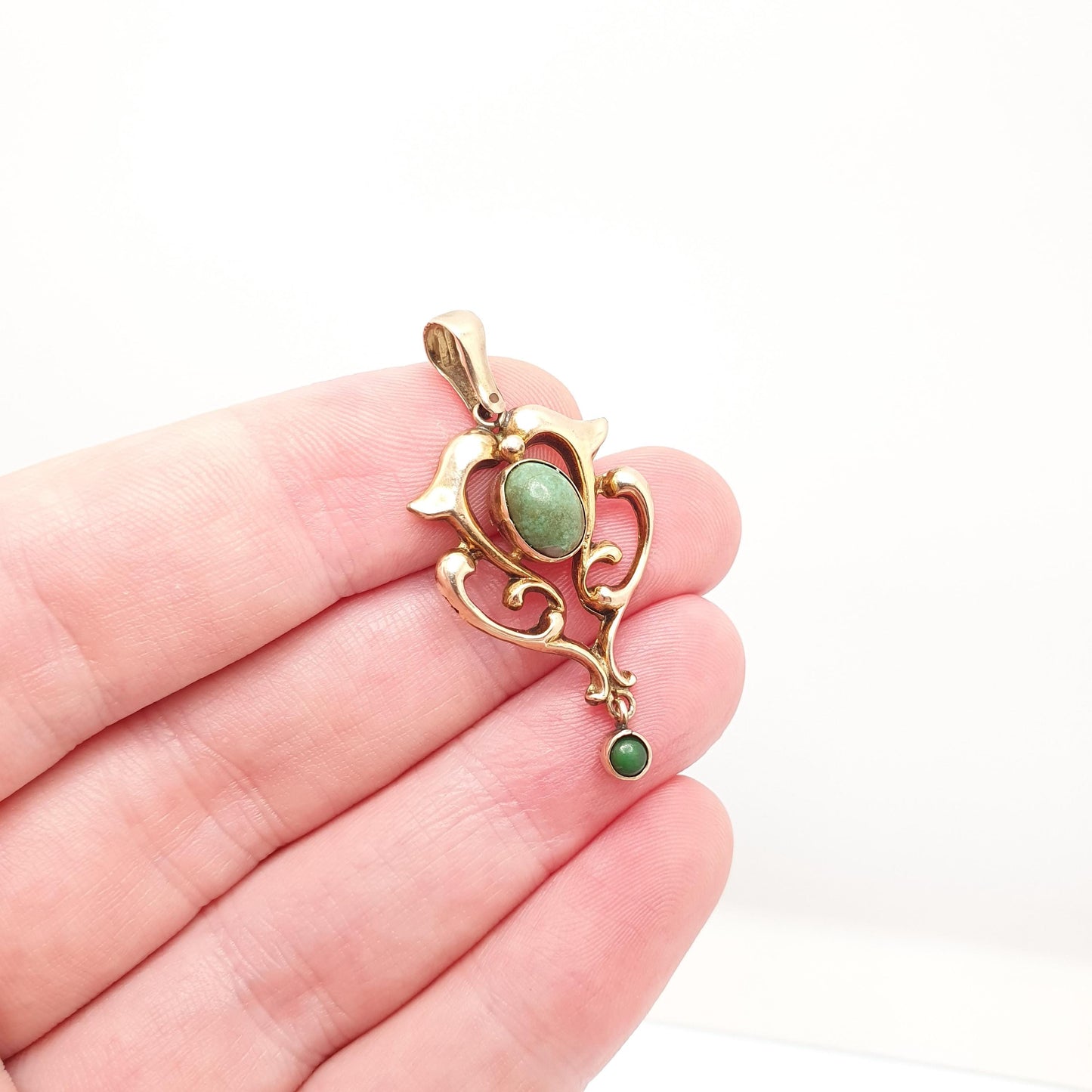 Antique 9ct 9k Gold Turquoise Pendant Art Nouveau Necklace Natural Gemstone Solid 375 Vintage Womens Jewellery Jewelry