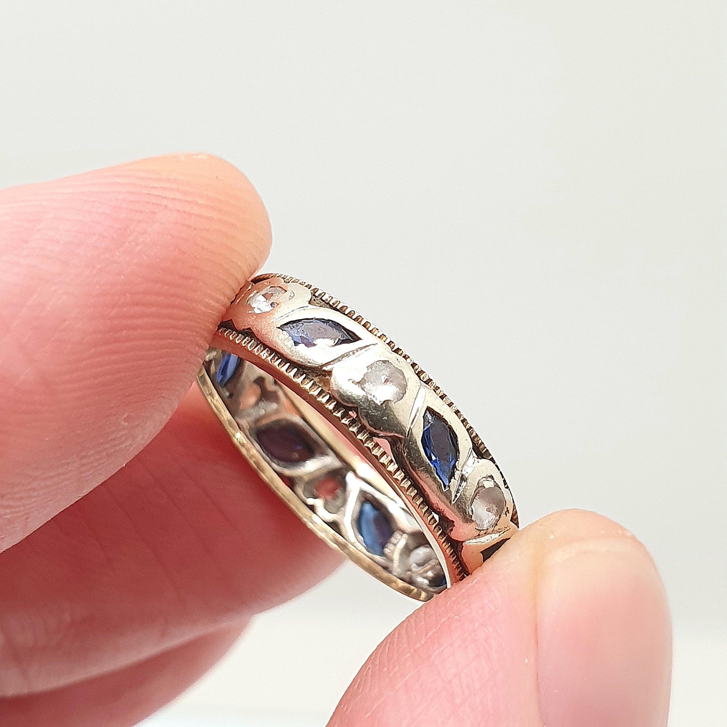 Vintage 9ct Gold Sapphire Eternity Ring White Spinel Marquise Cut Full Band Gemstone Solid 9k 375 Womens Jewelry Jewellery