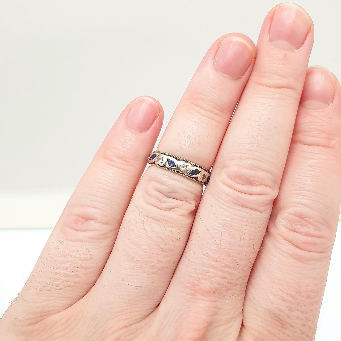 Vintage 9ct Gold Sapphire Eternity Ring White Spinel Marquise Cut Full Band Gemstone Solid 9k 375 Womens Jewelry Jewellery