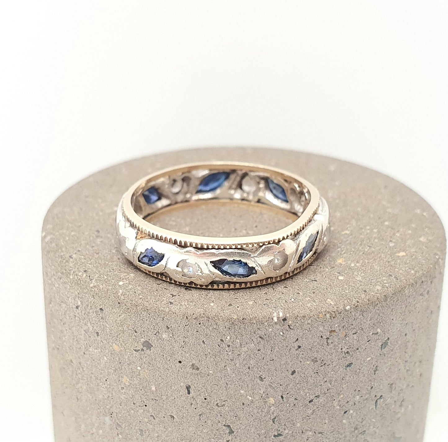 Vintage 9ct Gold Sapphire Eternity Ring White Spinel Marquise Cut Full Band Gemstone Solid 9k 375 Womens Jewelry Jewellery