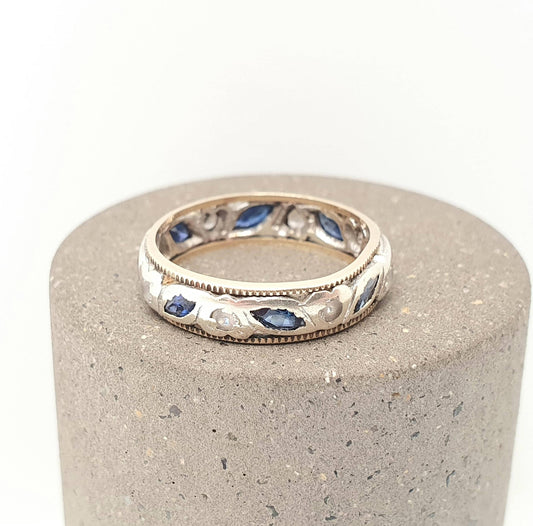 Vintage 9ct Gold Sapphire Eternity Ring White Spinel Marquise Cut Full Band Gemstone Solid 9k 375 Womens Jewelry Jewellery