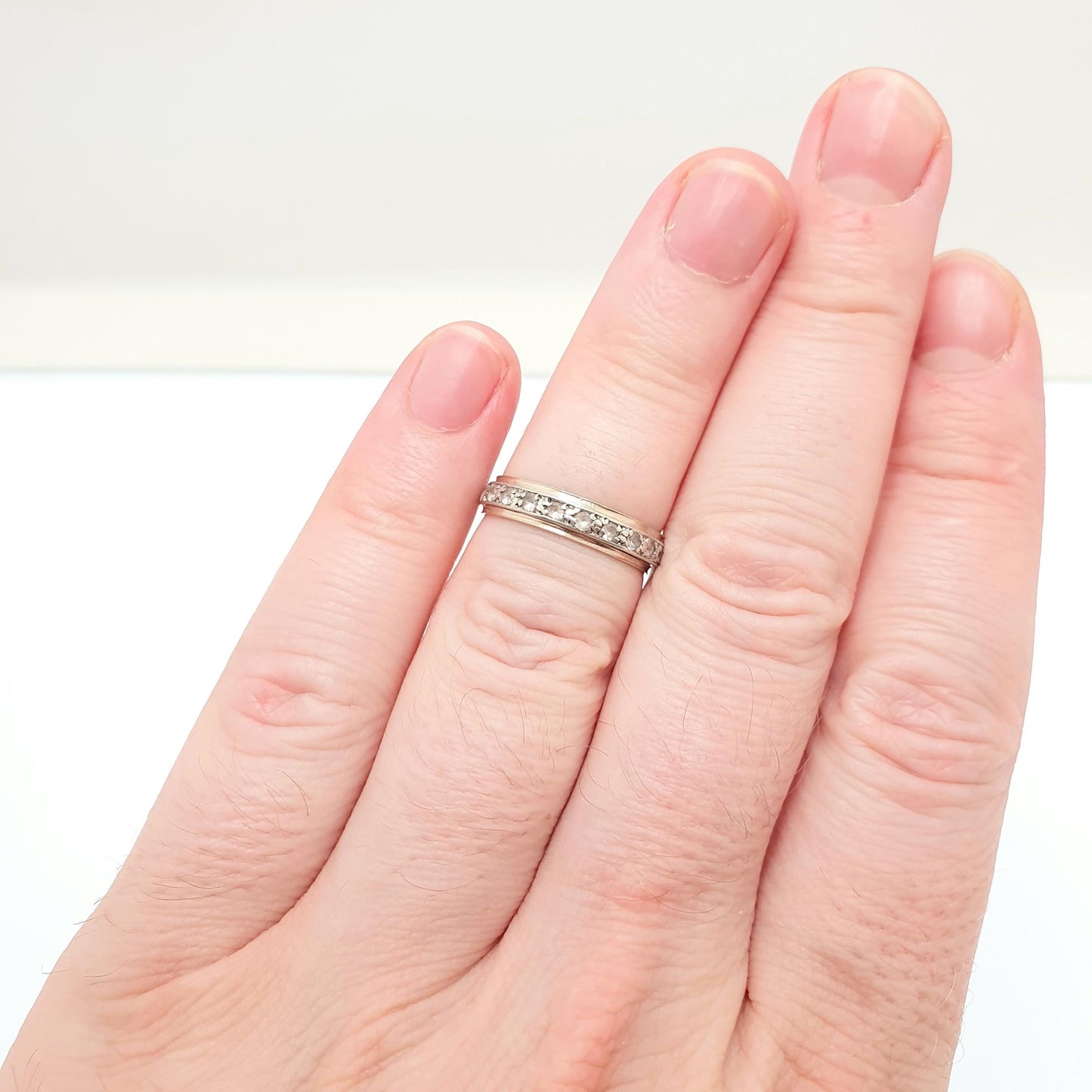 Antique 9ct 9k Gold Eternity Ring Diamond White Spinel Sterling Silver Band Solid 9kt Gold Art Deco Vintage 1920s Womens Jewelry Jewellery