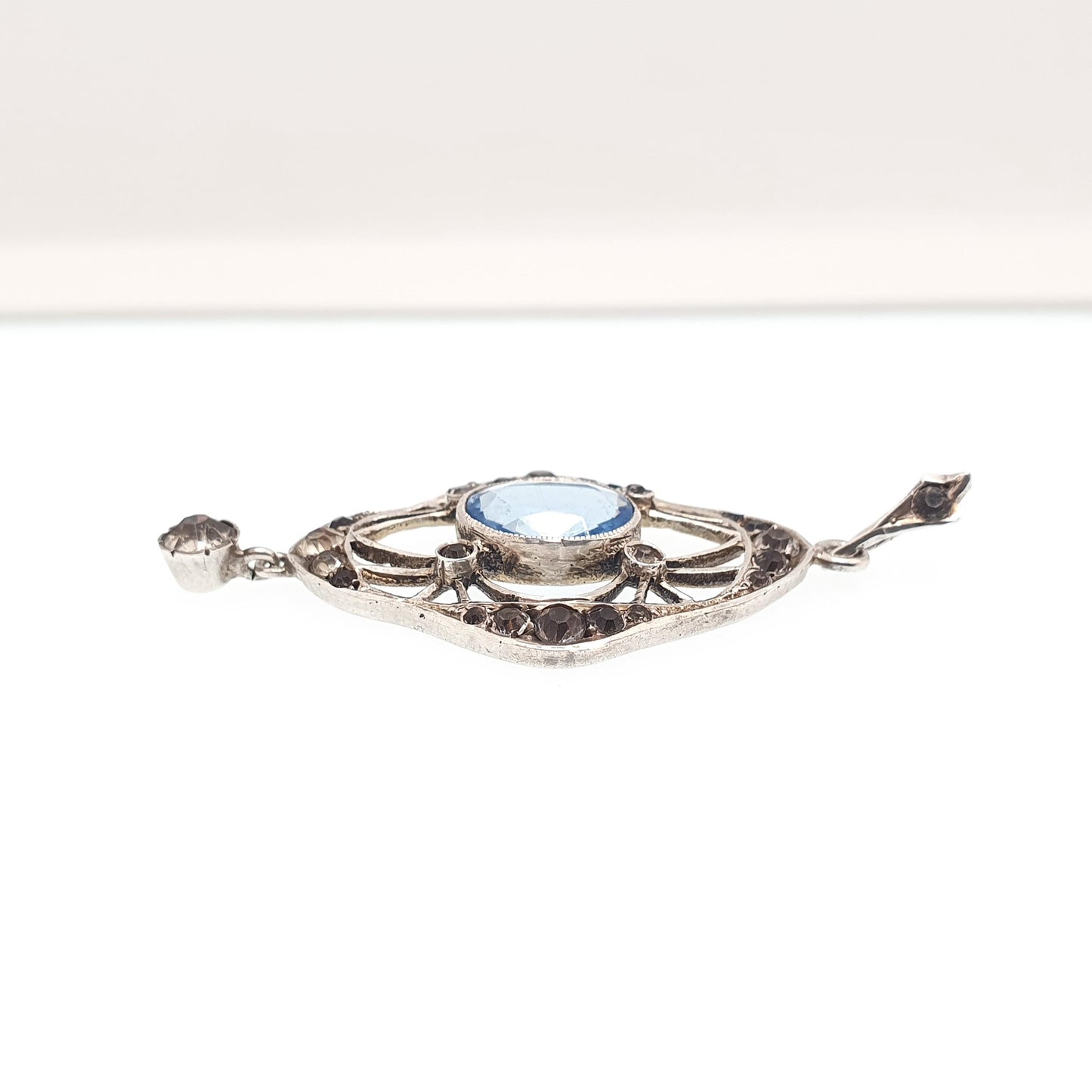 Antique Solid Silver Sapphire & Diamond Paste Pendant Necklace Art Nouveau Drop Vintage Womens Jewellery Jewelry