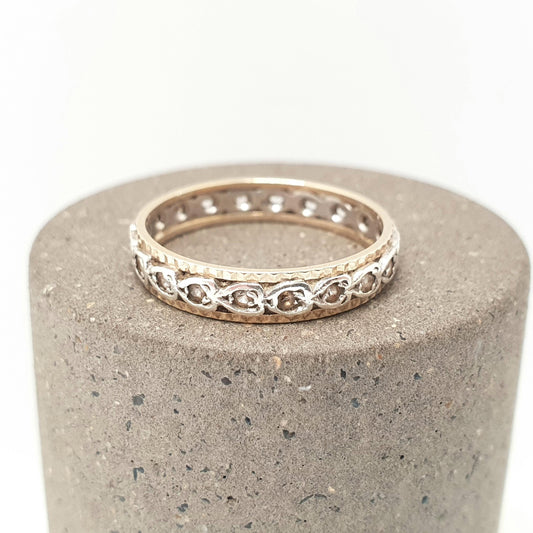 Vintage Solid 9ct Gold Full Eternity Ring Heart Border White Spinel 9k 375 Band Sparkly Diamond Style Stacker Stacking Jewelry Jewellery