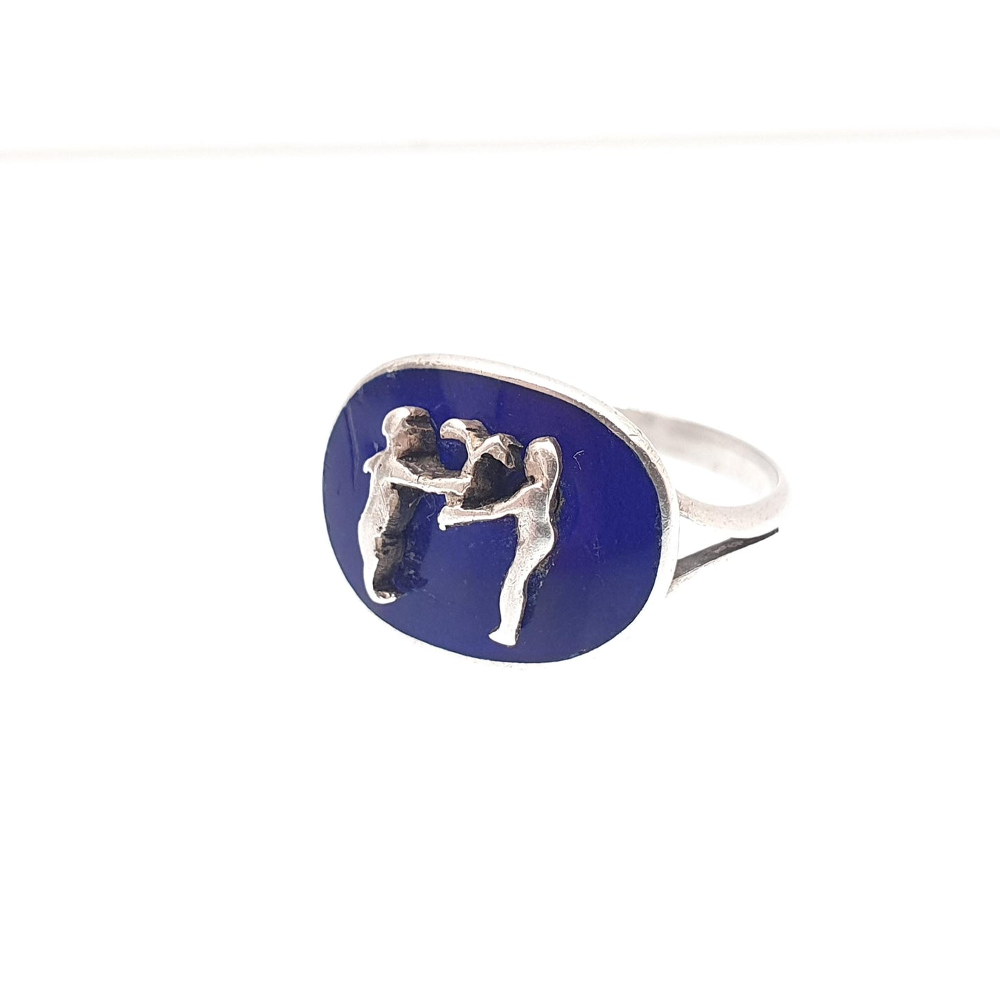Antique Solid Silver Gemini Signet Ring The Twins Blue Enamel Zodiac Horoscope Vintage Star Sign Jewelry