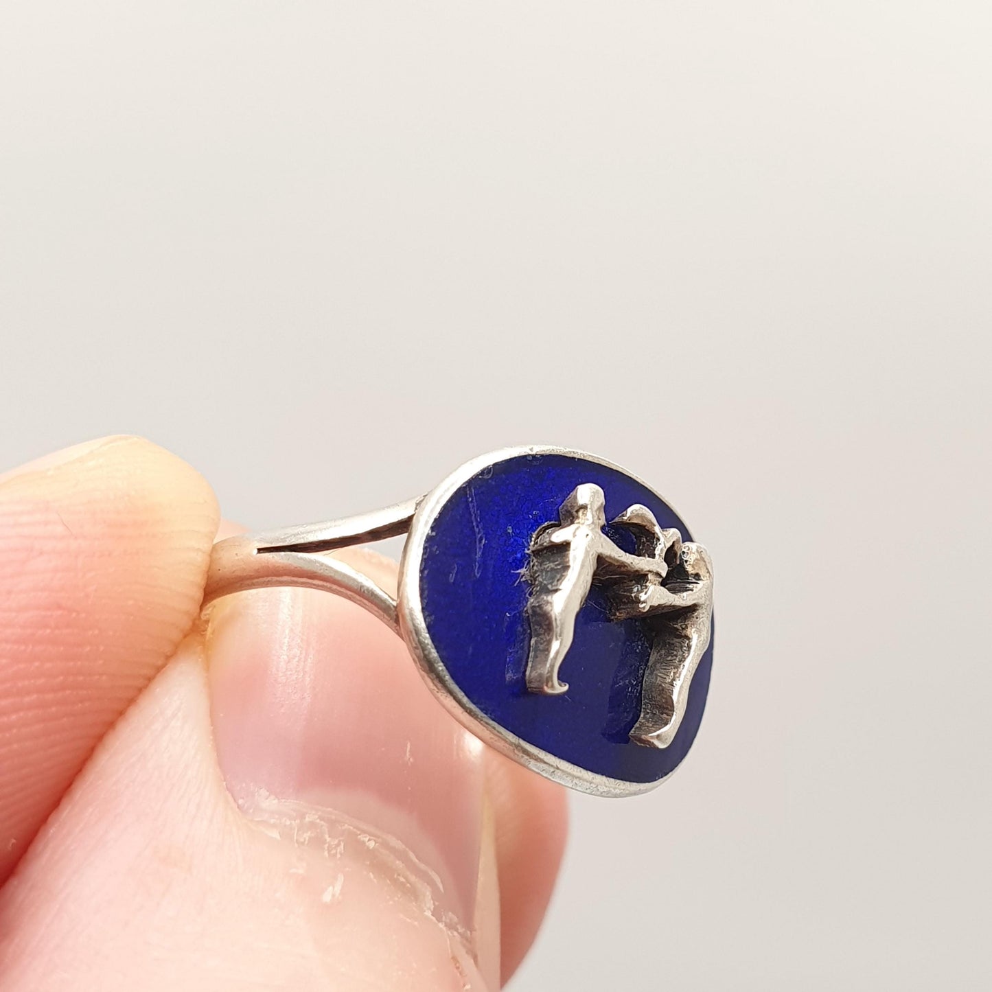 Antique Solid Silver Gemini Signet Ring The Twins Blue Enamel Zodiac Horoscope Vintage Star Sign Jewelry