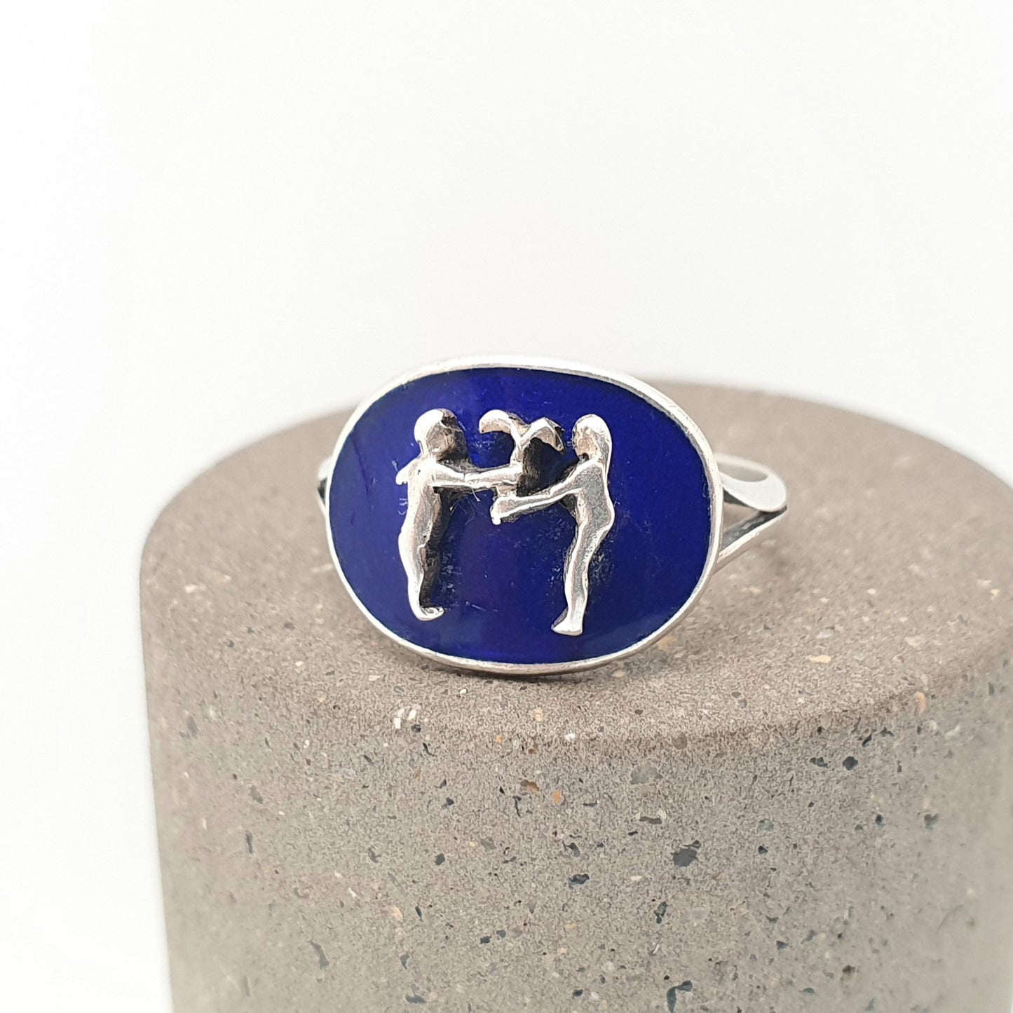 Antique Solid Silver Gemini Signet Ring The Twins Blue Enamel Zodiac Horoscope Vintage Star Sign Jewelry