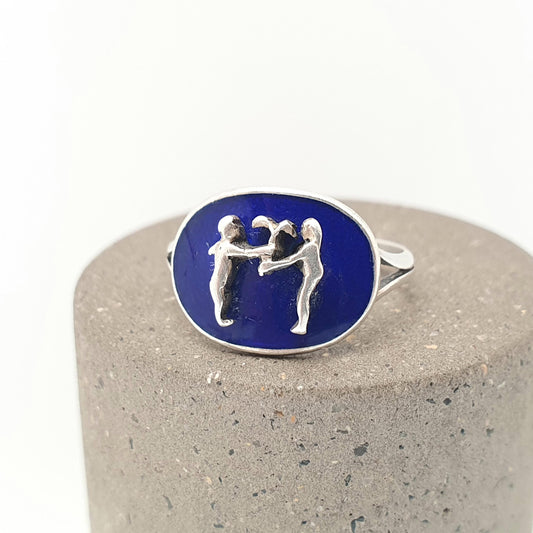 Antique Solid Silver Gemini Signet Ring The Twins Blue Enamel Zodiac Horoscope Vintage Star Sign Jewelry