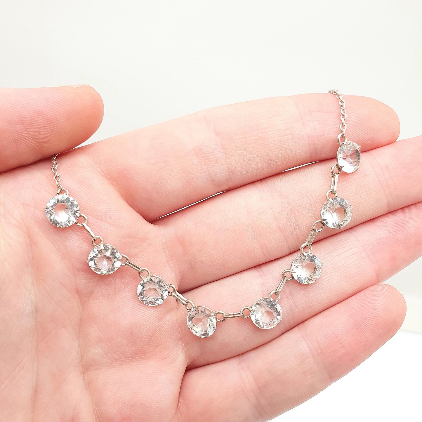 Antique Art Deco Solid Silver Diamond Paste Necklace Riviera Style 41cm 5.48g Vintage Sparkly Pastes Womens Jewelry Jewellery