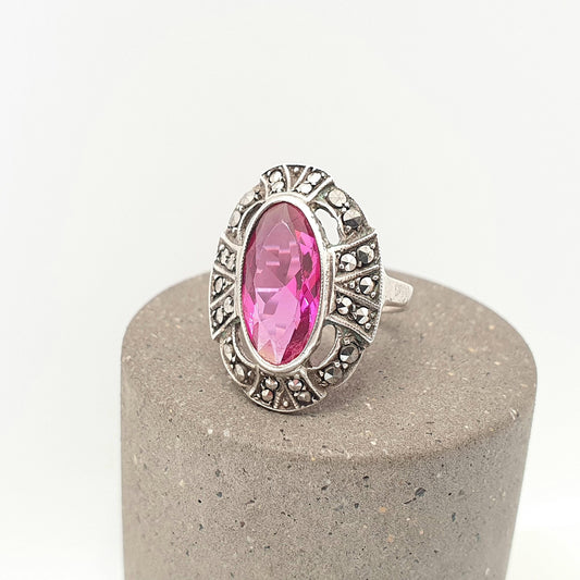 Antique Solid Silver Pink Paste Ring Marcasite Art Deco Oval Cut Cocktail Flapper 1920s Vintage Genuine Ladies Womens Jewelry