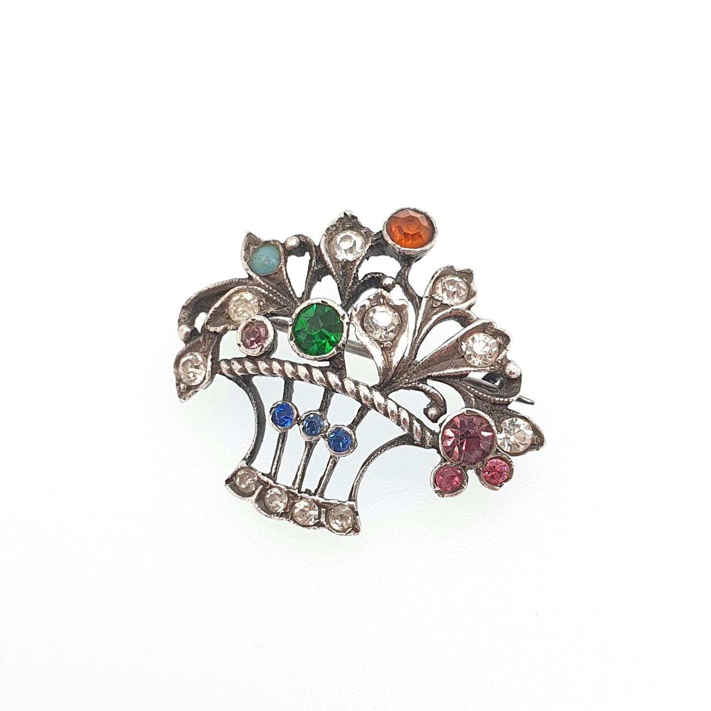 Antique Sterling Silver Paste Brooch Paste Little Garden Flower Basket Giardinetti Multi Coloured Vintage Womens Jewelry Jewellery