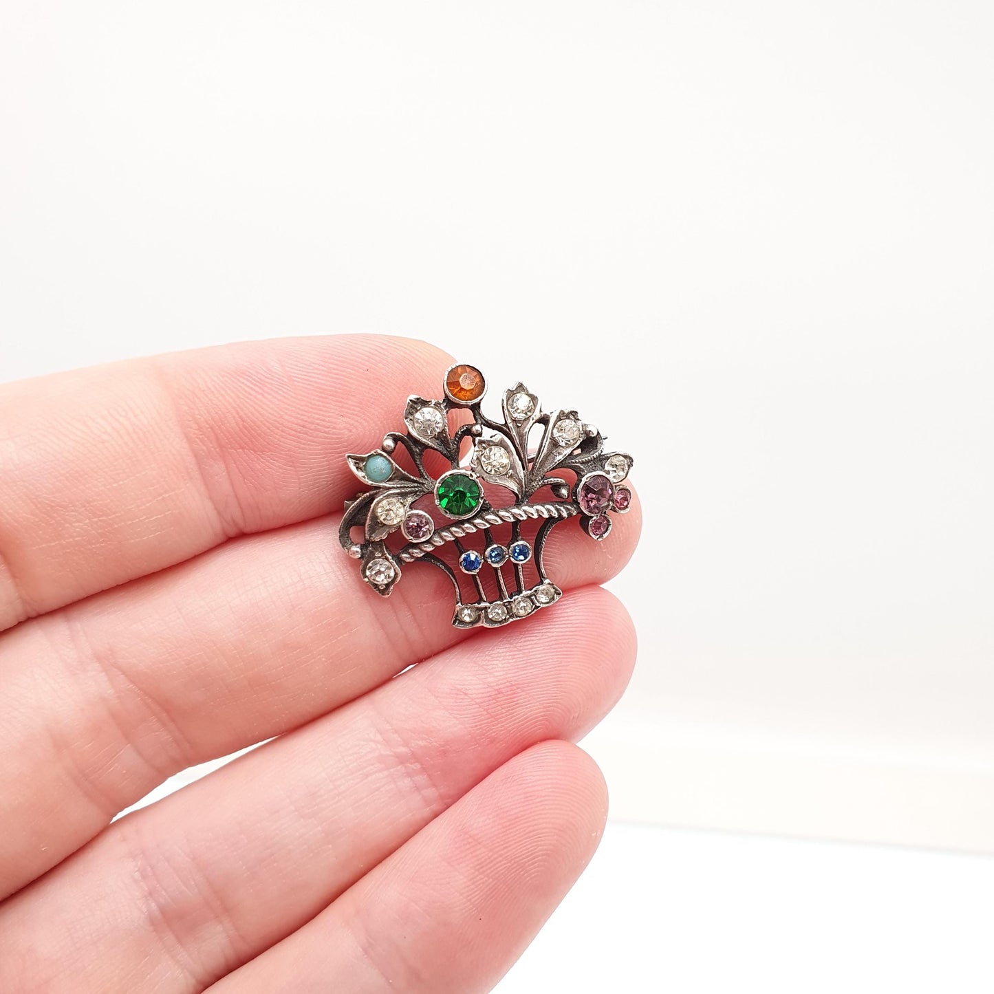 Antique Sterling Silver Paste Brooch Paste Little Garden Flower Basket Giardinetti Multi Coloured Vintage Womens Jewelry Jewellery