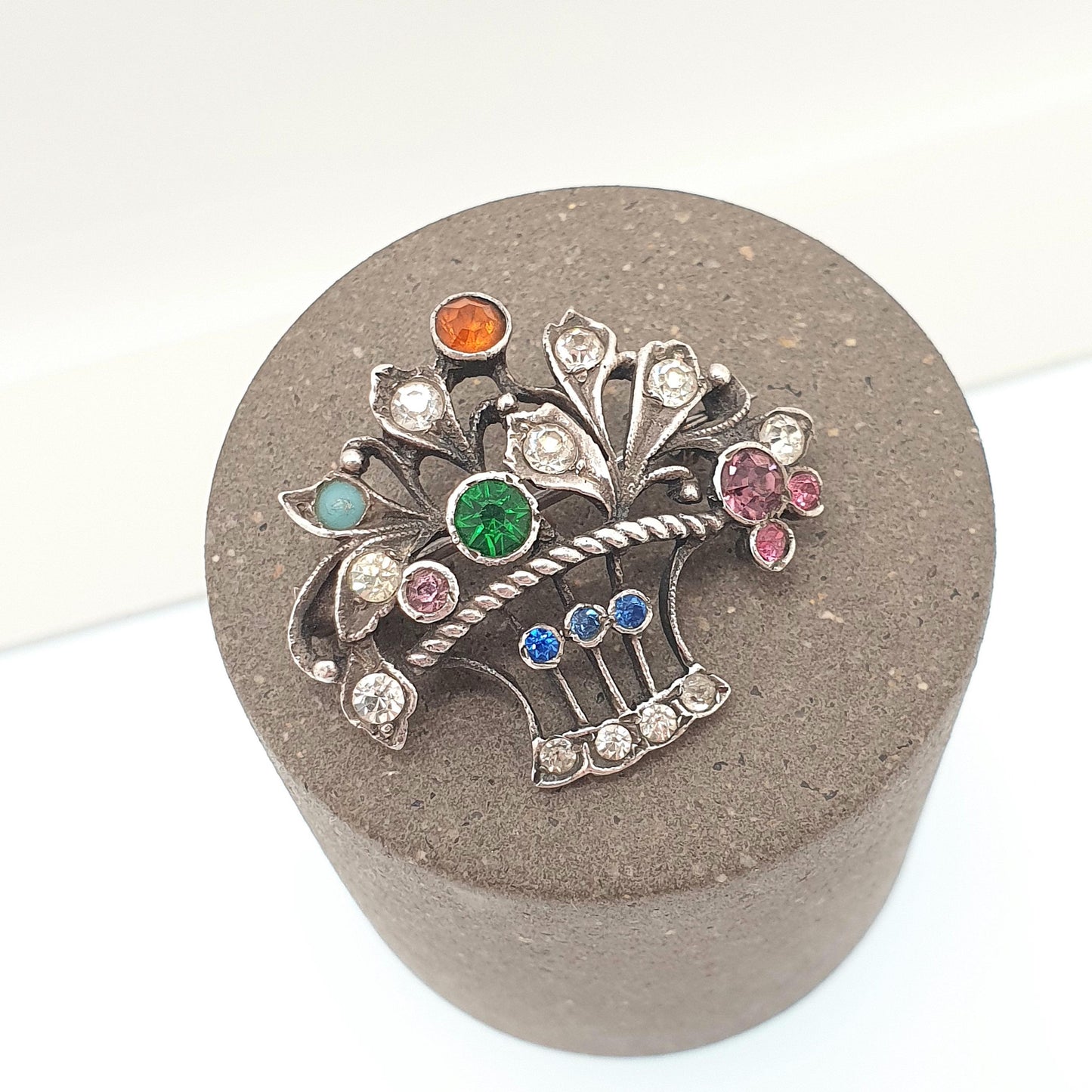 Antique Sterling Silver Paste Brooch Paste Little Garden Flower Basket Giardinetti Multi Coloured Vintage Womens Jewelry Jewellery