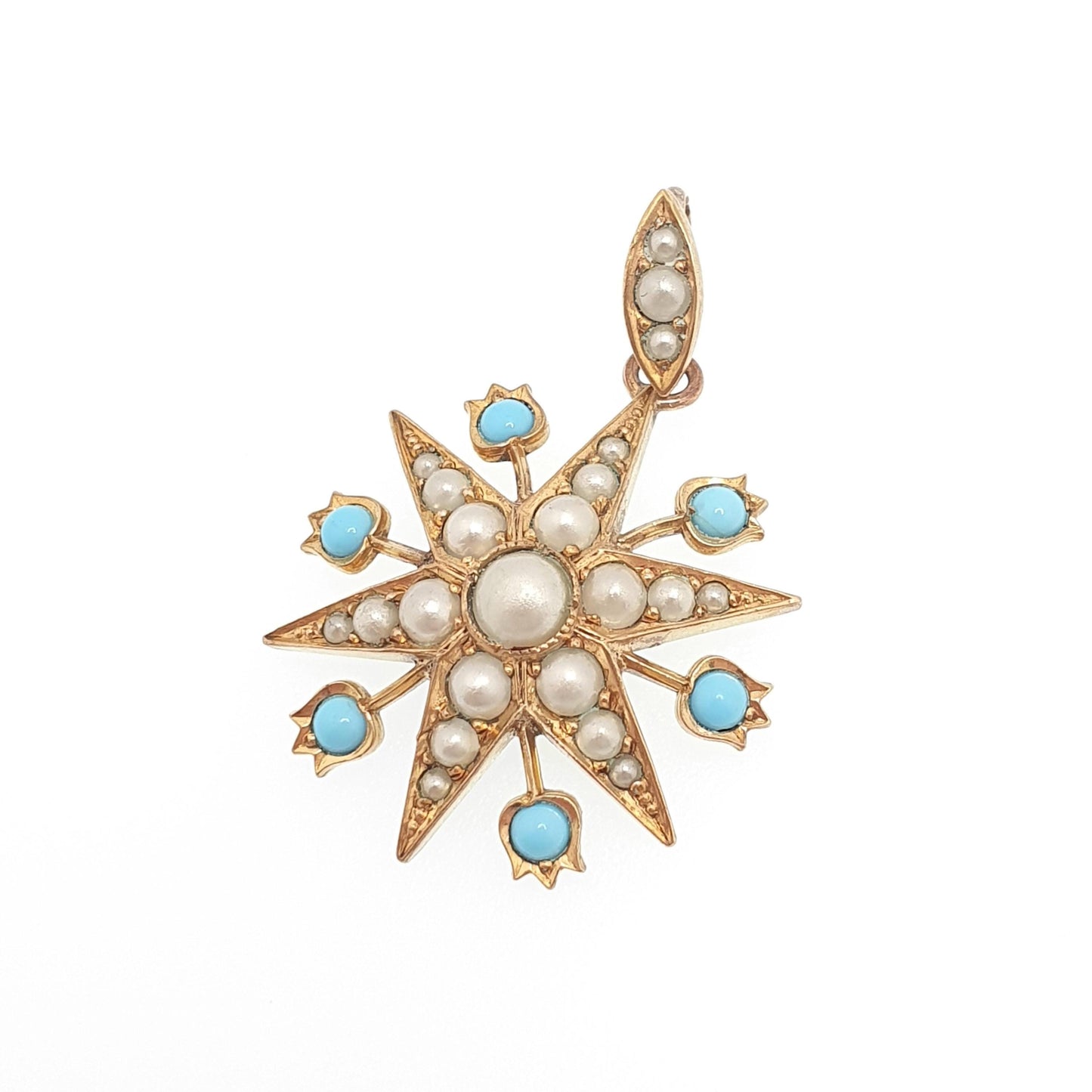 Antique Victorian Star Pendant Faux Turquoise & Seed Pearl Necklace Gold Gilt Celestial Vintage Jewellery Jewelry