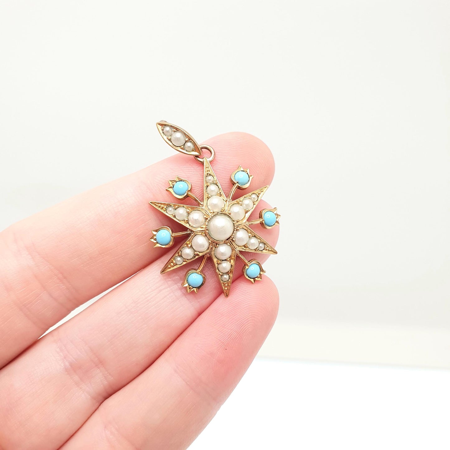 Antique Victorian Star Pendant Faux Turquoise & Seed Pearl Necklace Gold Gilt Celestial Vintage Jewellery Jewelry